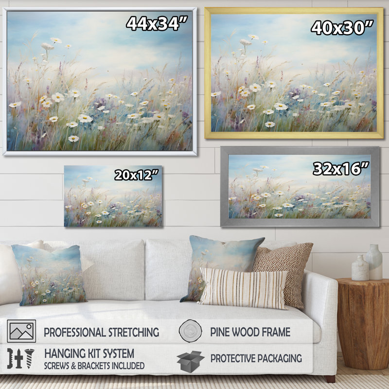 «White Wildflowers Whispering Breeze I», reproduction sur toile, Cadre flottant blanc, H 30 po x l 40 po x P 1,5 po