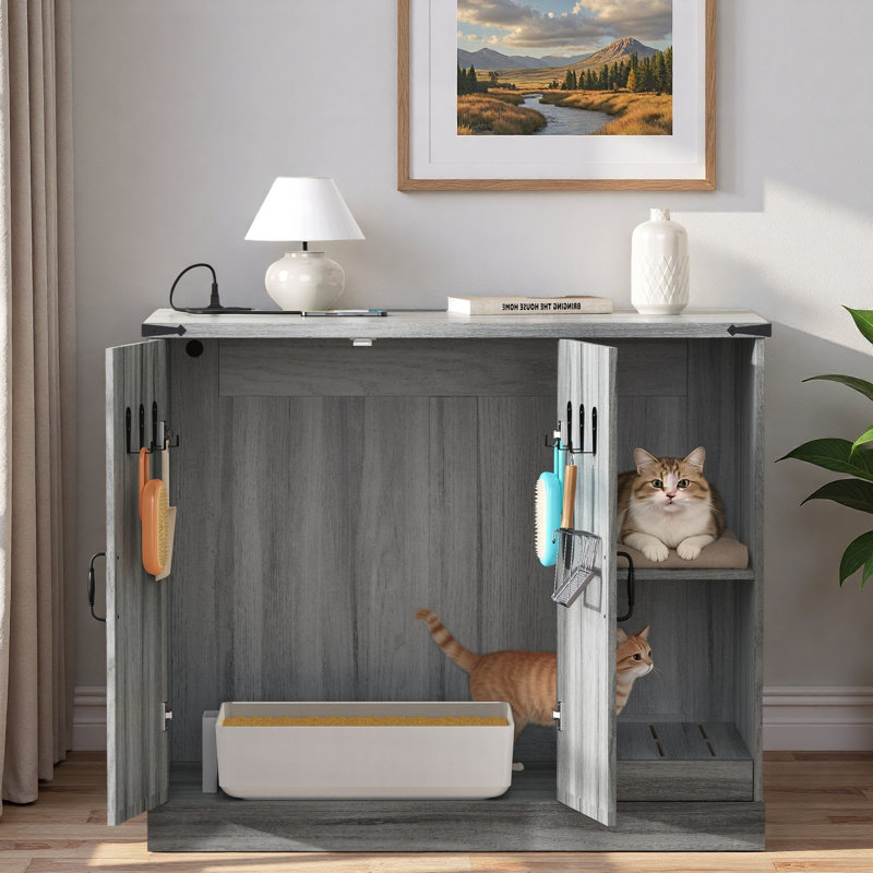 Armoire à litière pour chat avec prise de courant, mobilier moderne pour grandes boîtes à litière automatiques, enceinte cachée avec bac à litière et tablettes réglables