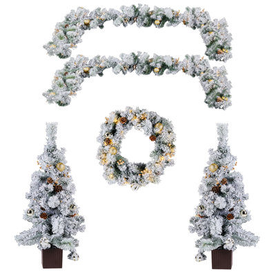 Pre-Lit Holiday Christmas 4-Piece Set Christmas Garland Wreath And Entrance Trees With Warm White LED Lights And Ornaments