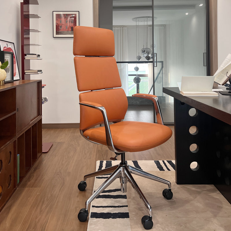 Fauteuil de direction en cuir Executive, fauteuil de direction en cuir véritable à haut dossier avec appui-tête, inclinaison et hauteur réglables, fauteuil pivotant ergonomique sur roulettes (orange)