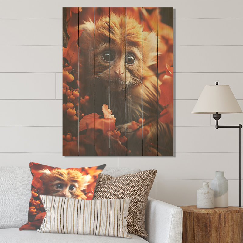 Feuillage d'automne brun - impression de singe sur bois, H 32 po x l 24 po