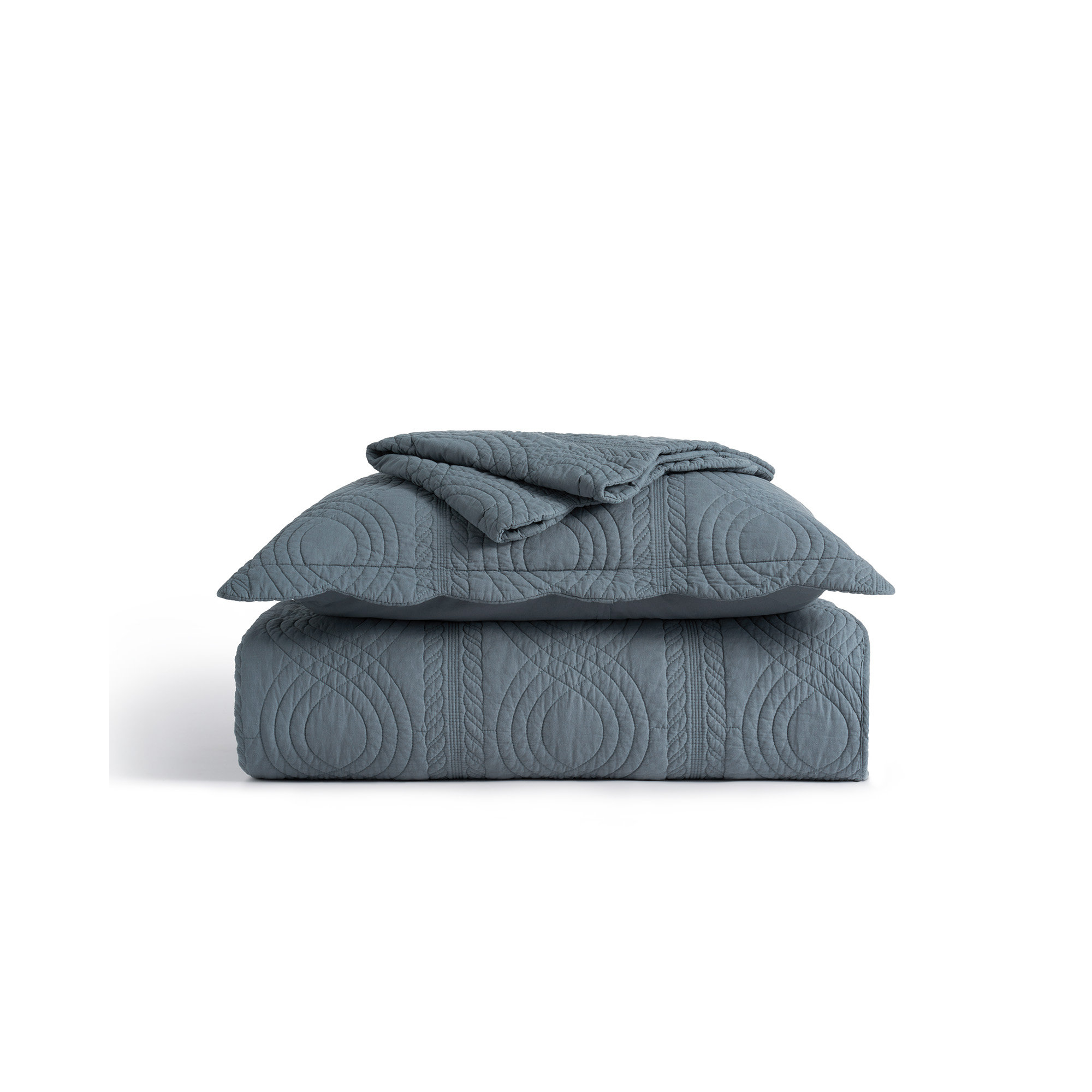 Scallop Edge 100% Cotton Quilt Set, Stormy Blue, King Quilt + 2 King Shams