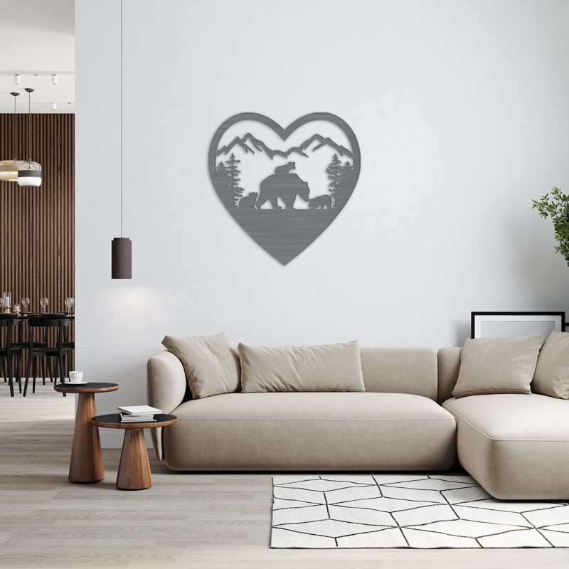 Art mural en forme de cœur avec ours et oursons - ACM, H 32 po x l 32 po x P 0,25 po, Argent