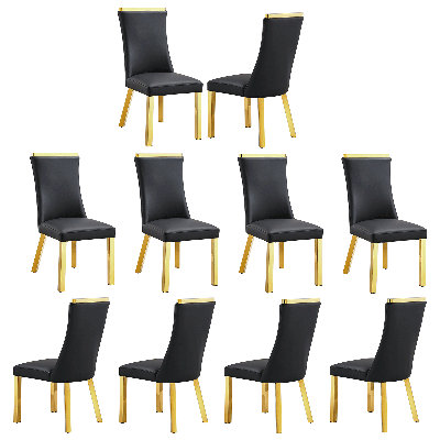 Chaises de salle à manger en cuir noir avec pieds en acier inoxydable doré poli et garniture supérieure en métal, ensemble de 10