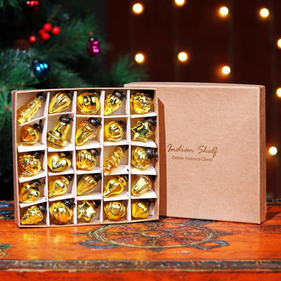 Gold Hanging Ornaments - 25 Premium Glass Christmas Ornaments - Vintage, Reusable, Non-Fading Gold Christmas Decorations