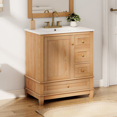 Meuble-lavabo de salle de bain avec lavabo en céramique, armoire de salle de bain autoportante avec grain de bois naturel, pieds en bois d'hévéa massif, portes et tiroirs à fermeture en douceur, grand espace de rangement