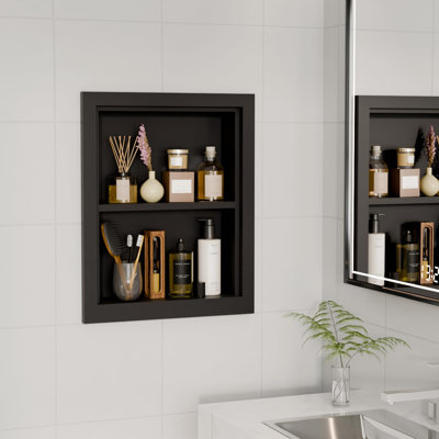  14x18 In Recessed Wood Bathroom Wall Cabinet, 2-Tier Solid Wooden Medicine Cabinet Organizer & Wall Niche With Storage , Black