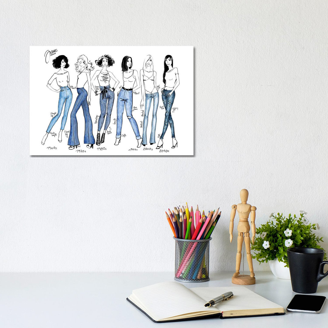 History Of Jeans Fashion Illustration von Blursbyai - No Frame Gallery-Wrapped Canvas Giclée on Canvas