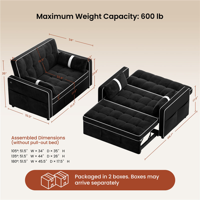 Convertible Sofa Bed with Adjustable Backrest, Black