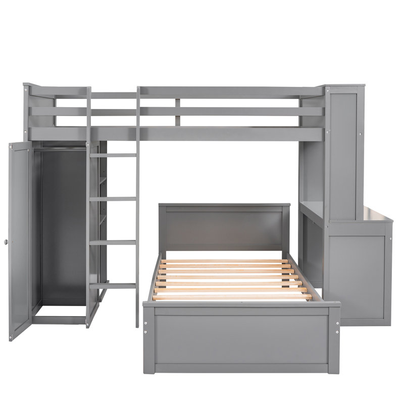 Twin size Loft Bed with a Stand-alone bed, Shelves,Desk,and Wardrobe, Gray, Twin over Twin