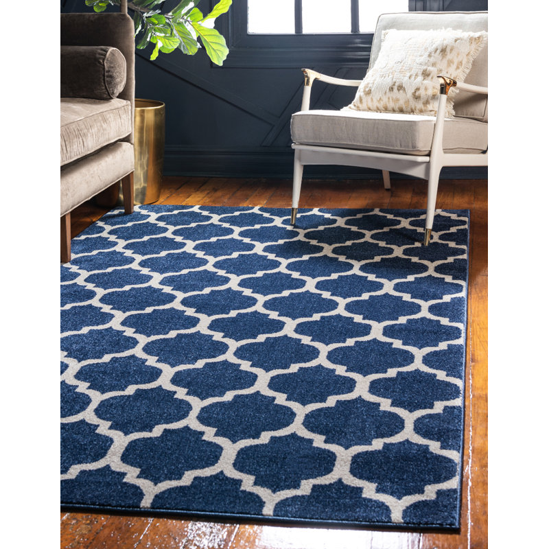 Tapis géométrique bleu foncé / ivoire Ruri, Rectangle 4 pi 1 po x 6 pi 1 po