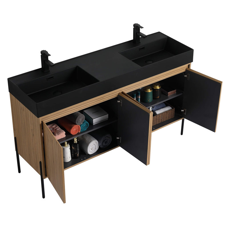 Meuble-lavabo double 60 po Ebord Designs Yordana Ebern Designs, Noir, noir, noir, noir, Chêne