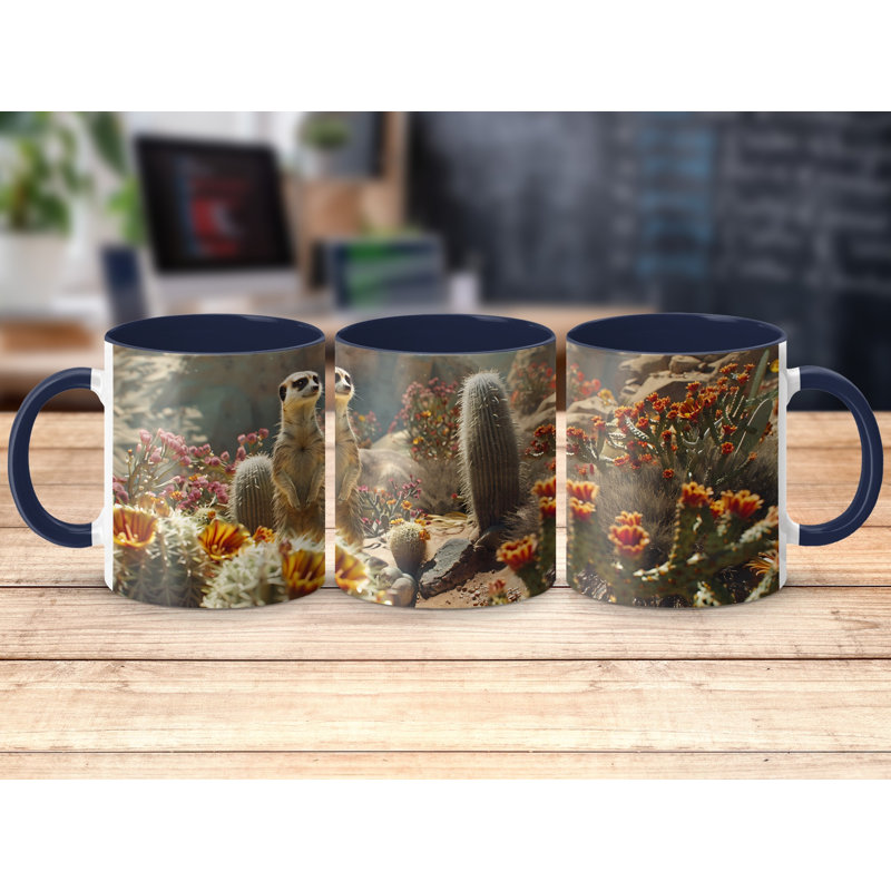 Set of 2 Realistic Animal Design 11oz Accent Mugs – Ceramic Coffee Cups with a Navy Handle and Interior