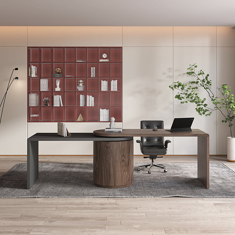 59.8'' L-Shaped Rotating Modern Wooden Design Modular Desk With Drawers Black & Walnut, Black & Walnut