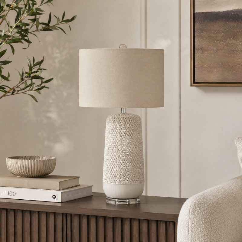 Lighting, H 31 po, lampe de table, céramique crème, abat-jour beige, contemporain