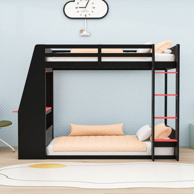 Lit superposé multifonctionnel en bois avec tablettes intégrées, bureau, station de charge et lumière DEL