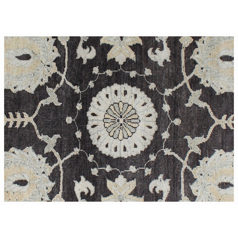 Tapis noué à la main gris anthracite et ivoire en laine Oushak - motif à médaillon floral traditionnel, tapis de style oriental rétro pour le salon et la chambre à coucher
