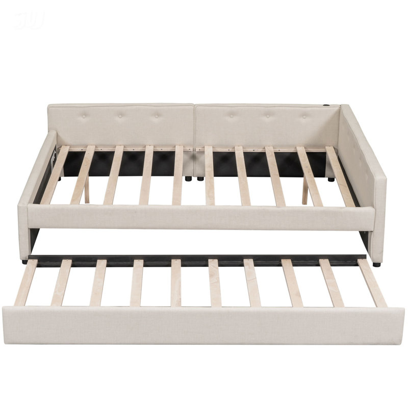 Grand lit plateforme tapissier avec port USB et gigogne, Grand lit