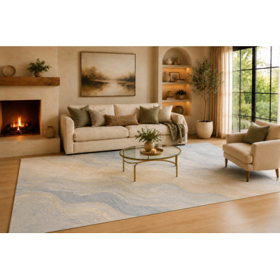 Grand tapis à vagues minérales bleues et crème de 6 pi 7 po x 9 pi 10 po pour le salon, tapis doux à poils courts avec envers antidérapant pour la chambre à coucher, la salle à manger et le bureau