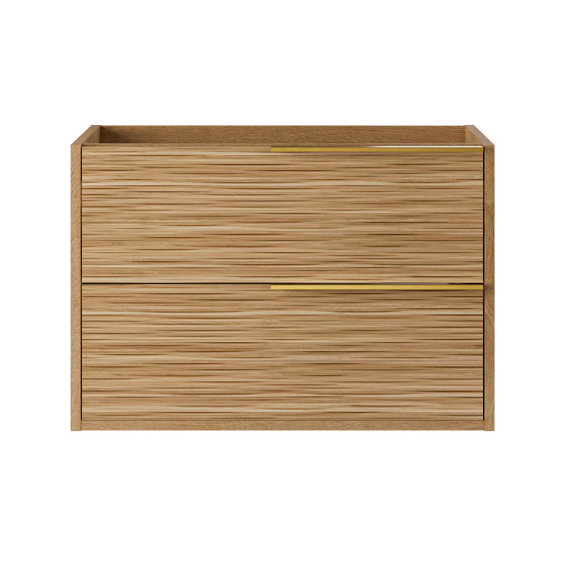 Kora 32" Bamboo Faux Finish Wall-Mounted Single Bathroom Vanity with Integrated Ceramic Top & Handles, Gold, 32"