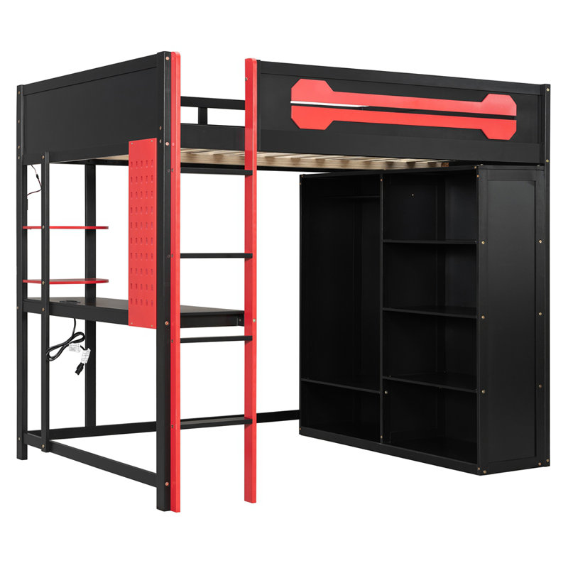 Lit mezzanine double en bois avec bureau, garde-robe ouverte et lumière RVB, Rouge