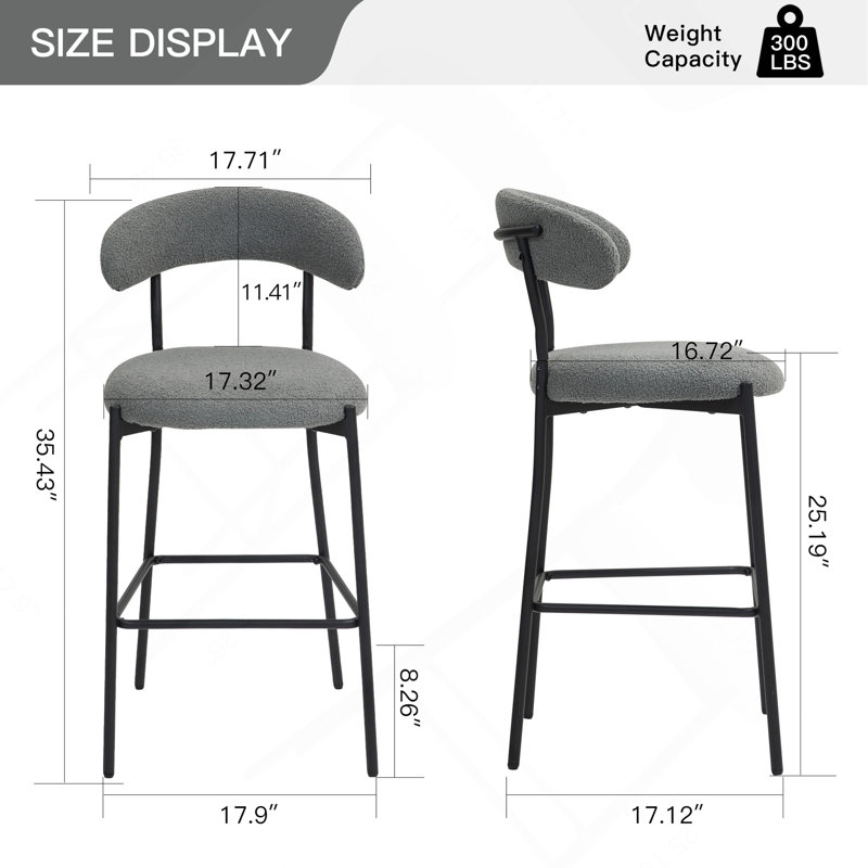 26'' Counter Height Bar Stools Teddy Fabric Cover Kitchen Island Counter Bar Stool With Black Powder Coating Base And Footrest(Grey)