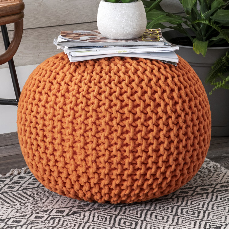 Anely 20" Wide Round Pouf Ottoman, Dark Orange