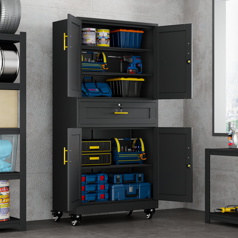 Tall Metal Rolling Tool Garage Storage Cabinet with Wheels and Locking Door for Garage,Home,Office,Shop (Black, 71" H x 35.43W x 15.74" D)