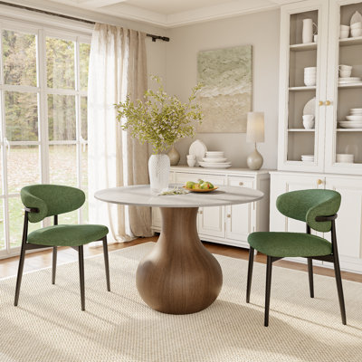 Ensemble de table et chaises de salle à manger rondes en pierre frittée 3 pièces pour 2 à 4 personnes, plateau aspect marbre et pied central en bois massif, style moderne, 99 cm (39 pouces), chaises rembourrées.