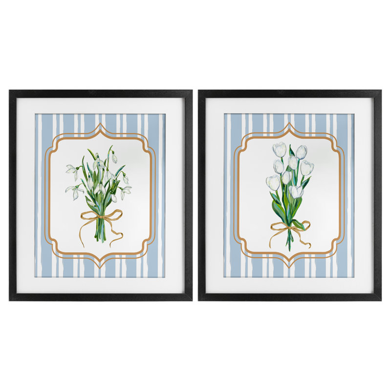  Ensemble de 2 reproductions encadrées sous verre avec motif de fleurs et rayures classiques, design par Adonna Ebrahimi