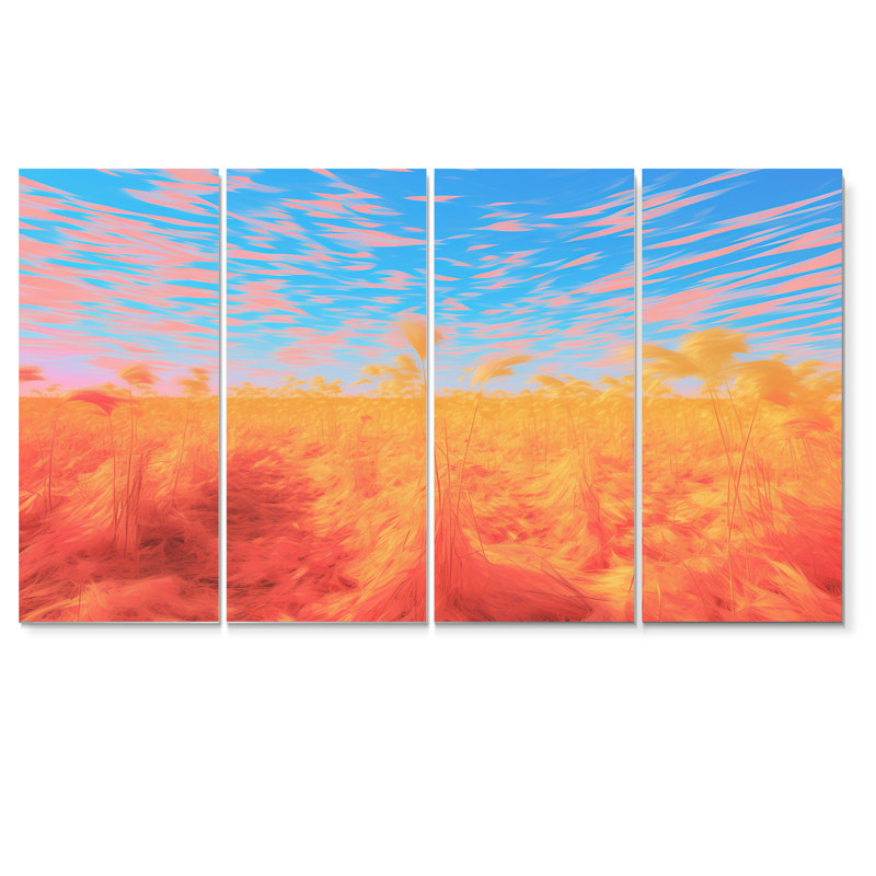 Coucher de soleil sur les champs de foin - prairies, 4 pièces, H 28 po x l 48 po
