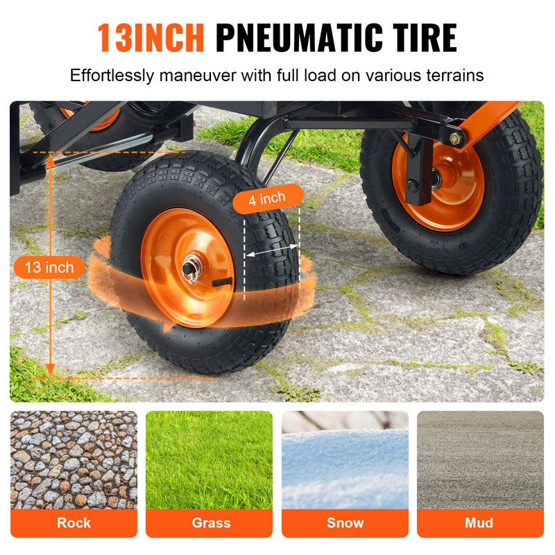 Chariot à benne en poly durable, capacité de 1 500 lb, cadre en acier avec plateau en poly, chariot utilitaire 1 pièce, noir, roues en caoutchouc de 13 po et poignée 2 en 1