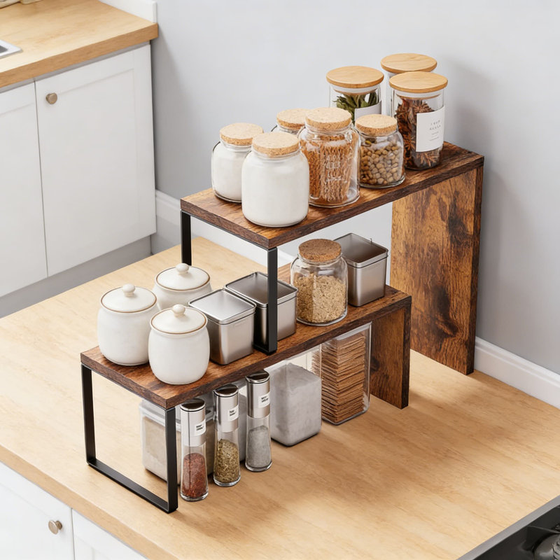 Tablette de rangement de comptoir empilable, étagère à épices en bois rustique et organisateur d'armoire pour la cuisine, le garde-manger, la station de café, la solution de rangement peu encombrante