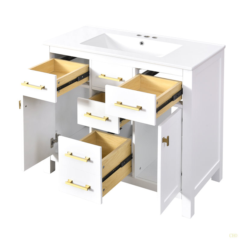 Ensemble de meuble-lavabo 36 po avec lavabo en céramique, meuble-lavabo simple autoportant moderne à 4 tiroirs et 2 armoires, meuble de rangement pour la salle de bain, ensemble de meuble-lavabo à cadre en bois massif