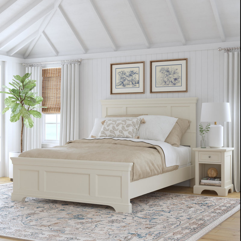 Lit standard en bois massif Auriel, Blanc cassé, Grand