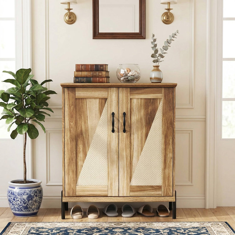 Armoire à chaussures rustique en bois à 5 niveaux avec portes en rotin tissé pour l'organisation du vestibule
