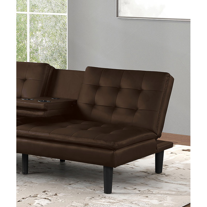 Contemporary Futon Sofa Bed With Biscuit Tufting, Drop - Down Table, Cup Holders And USB Chargers For Flexible Seating And Sleeping