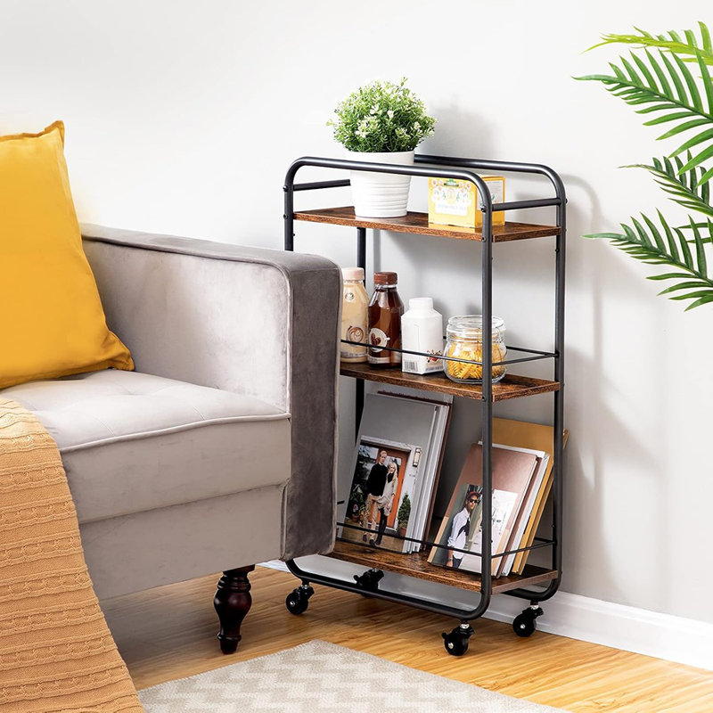 Slim Storage Cart, 3-tier Narrow Cart With Handle, 7.5''w Slide Out Rolling Utility Cart Mobile Shelving Unit Organizer For Small Spaces Kitchen Laundry Narrow Places, Rustic Brown Bf18tc01