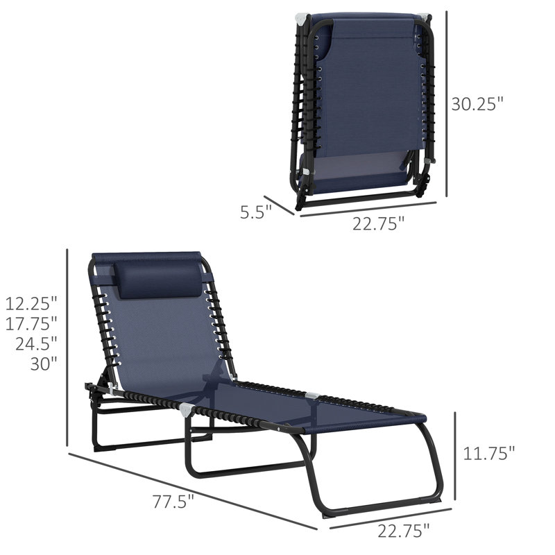 Chaise de patio pliante 2 pièces, chaise longue d'extérieur bleu foncé avec dossier inclinable, coussin, filet respirant et fauteuil en élastique 2