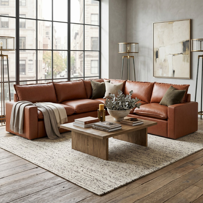 Valmere Modern Italian Faux Leather L-Shape Sectional Sofa with Deep Seating and Removable Back Cushions