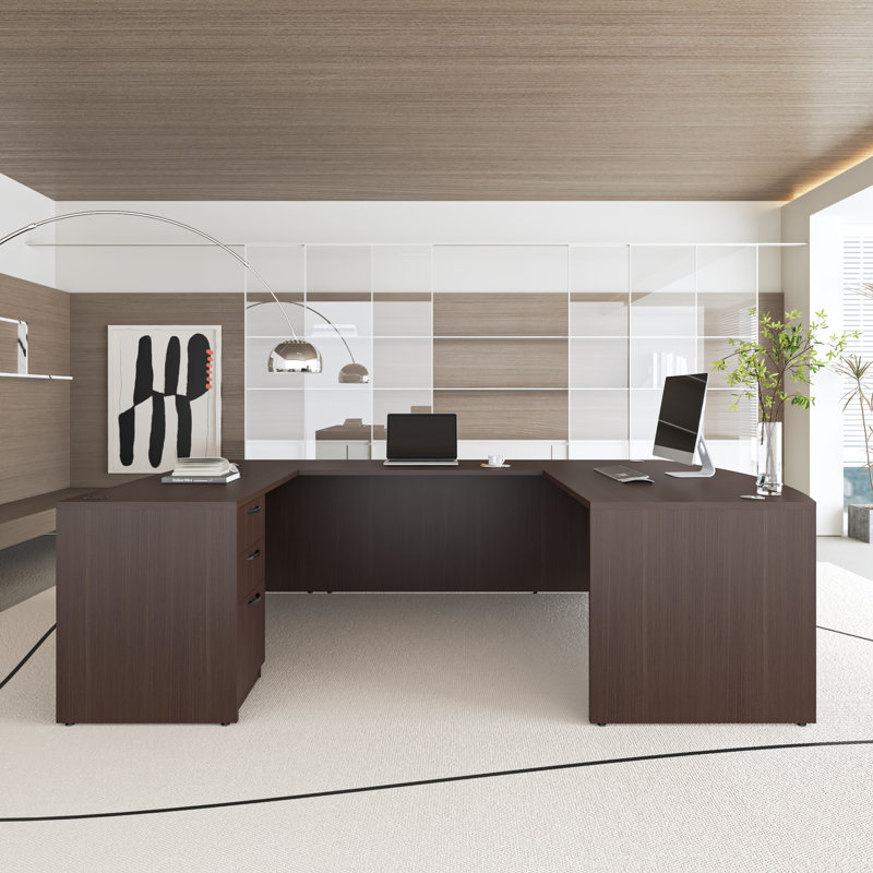 U-Shaped Executive Desk With File Cabinet, Brown