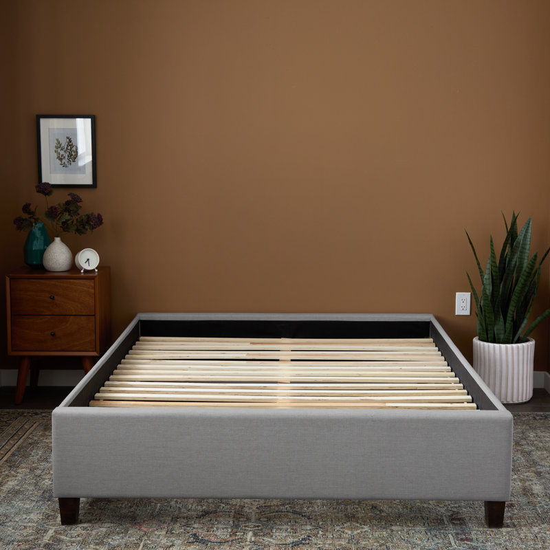 Lucid Upholstered Platform Bed Base with Wood Slats, King, Light Gray, Light Gray, King