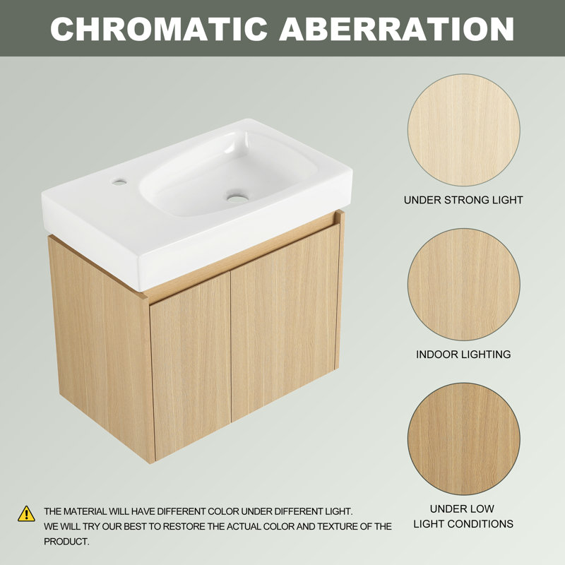24 Inch Wall-Mounted Vanity with Ceramic Sink, Space-Saving Floating Design for Small Bathrooms, Natural