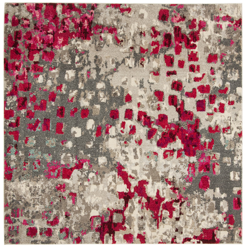 Hertzler Abstract Area Rug, Square 6'7", Grey/Fuchsia