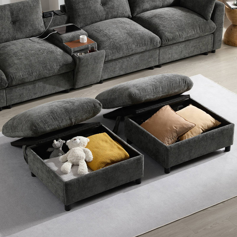 Modular Sectional Sofa With Movable Storage Ottoman And Console, Cup Holder, Wide Seat, 6 Seat U Shaped Couch, Oversized Sofa With USB Charger