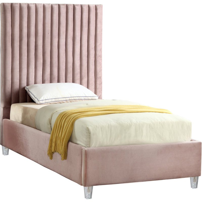 Upholstered Platform Bed, Pink Velvet, Twin