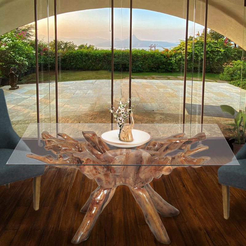 Glass Top Solid Wood Base Dining Table, 30" H x 87" L x 43" W
