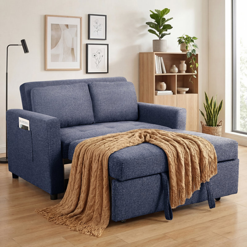 Vadims Upholstered 48.5'' Reclining Sleeper Sofa, Blue Linen