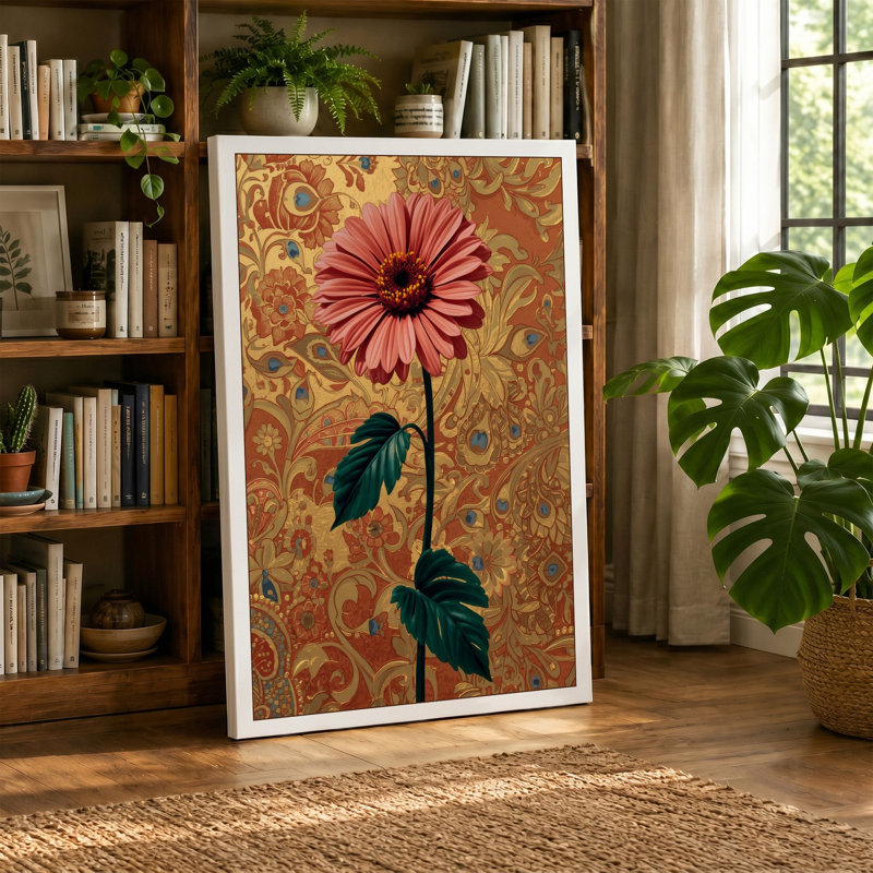 Pink Gerbera on Gold Botanical - Wrapped Canvas, 36x24 - 91.4 x 61.0 cm, Black Border
