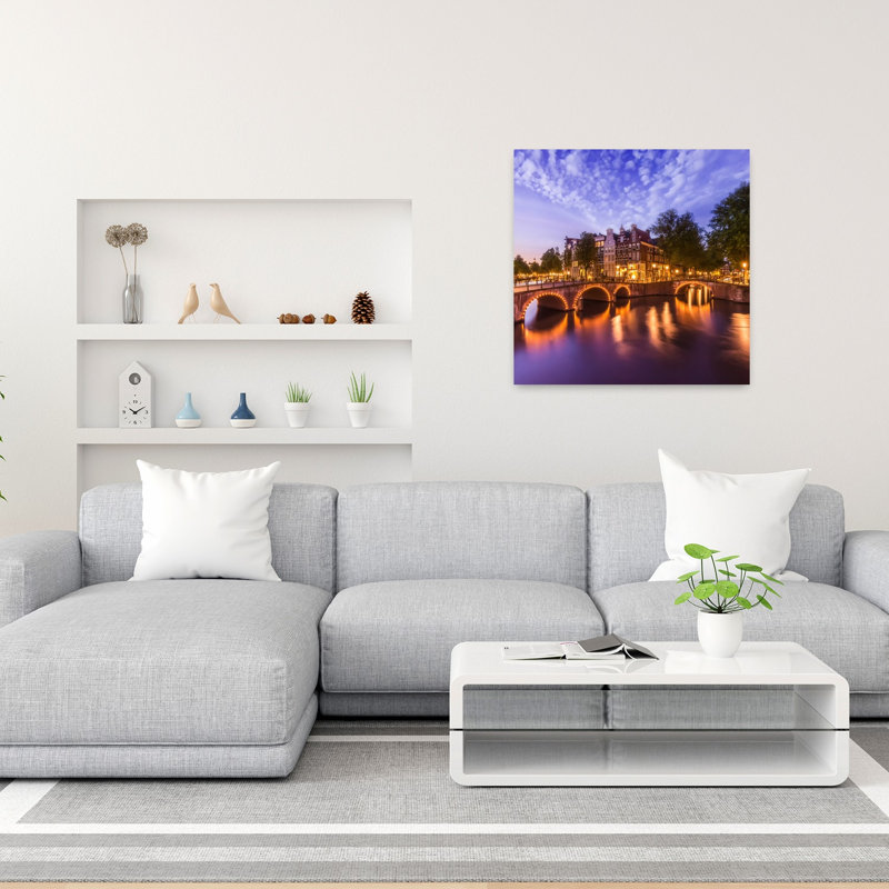 «Illuminated Amsterdam Canals Romantic Vibrant Abstract Architecture City», reproduction d'art murale, H 36 po x l 36 po